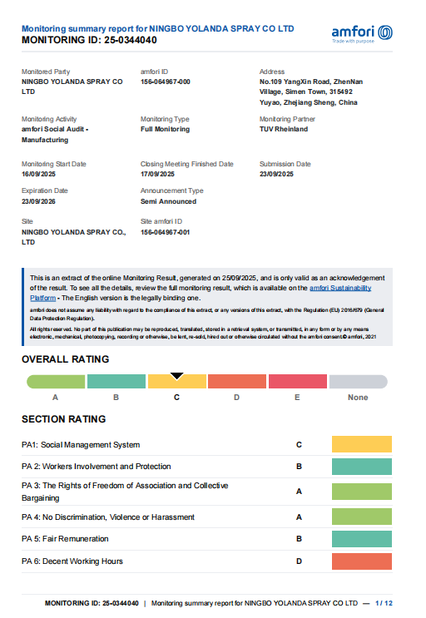 ประเทศจีน Ningbo Yolanda Spray Co., Ltd. รับรอง
